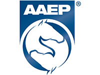 Two horse heads in a ying-yang circle beneath the letters AAEP